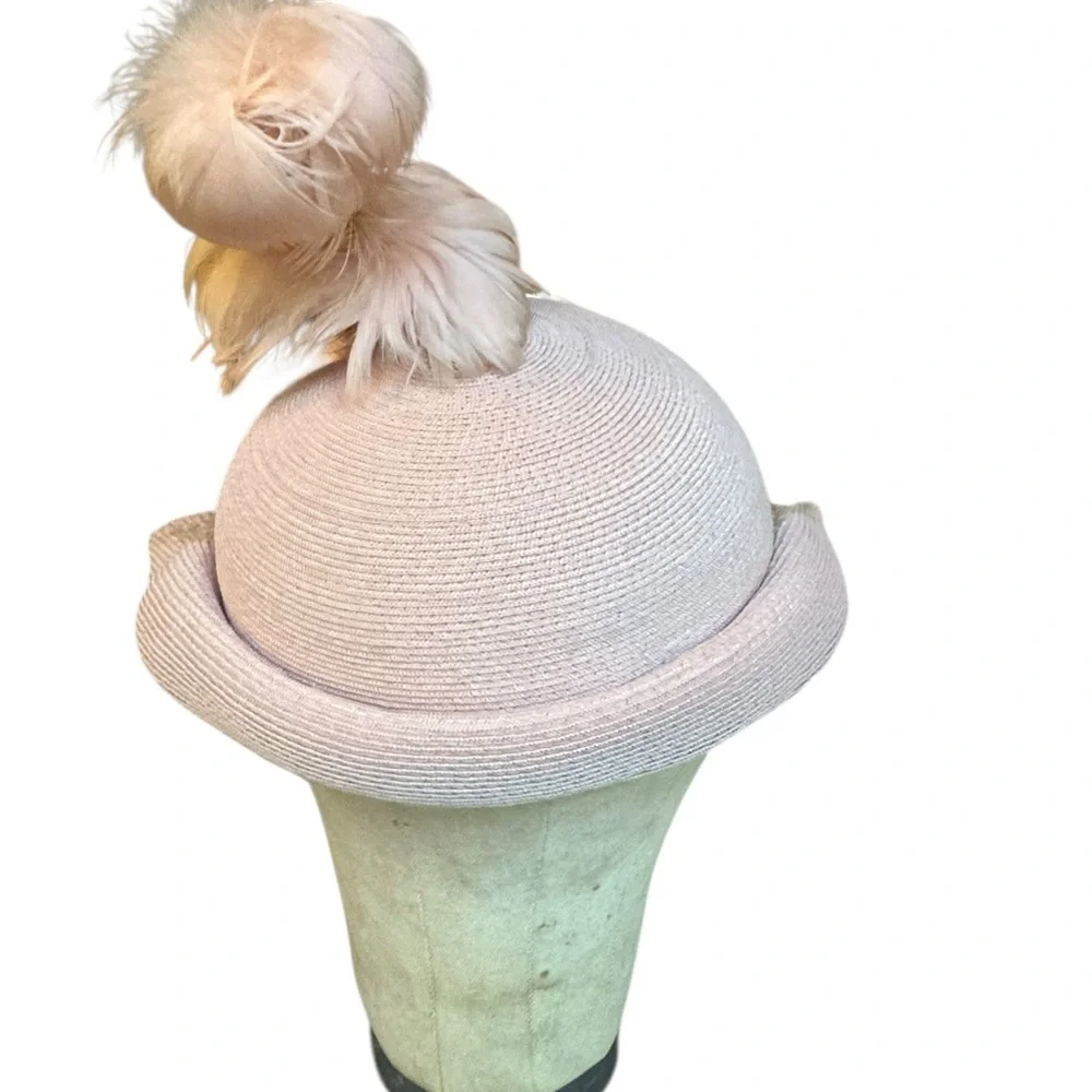 1950s/60s Soft, Muted Pink Straw Fascinator Hat w/Birdcage Veil &‎ Pink Feathers - Picture 6 of 9
